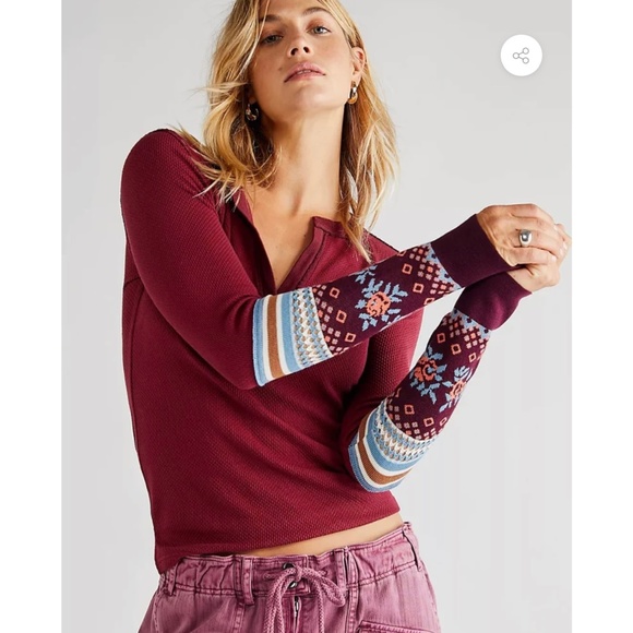 Free People Tops - Free People Mikah Layering Thermal Cuff Top Wine Combo, Size Large